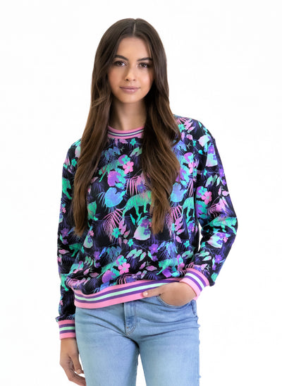 Vivid Tropic sweater by St VIVID. A bright tiger printed, 100% Organic Cotton terry knit women's sweater, with a candy pink, purple and mint striped trim.